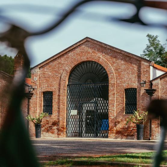 Edificio in mattoni con portone in ferro, circondato da piante in vasi.