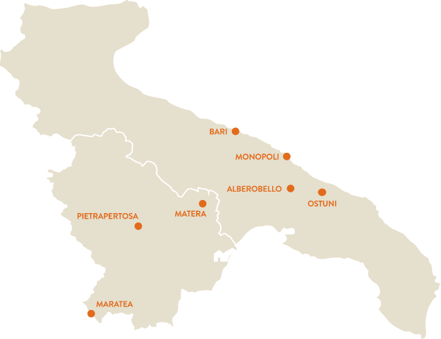 Mappa della Puglia e Basilicata con città come Bari, Matera, e Alberobello evidenziate.